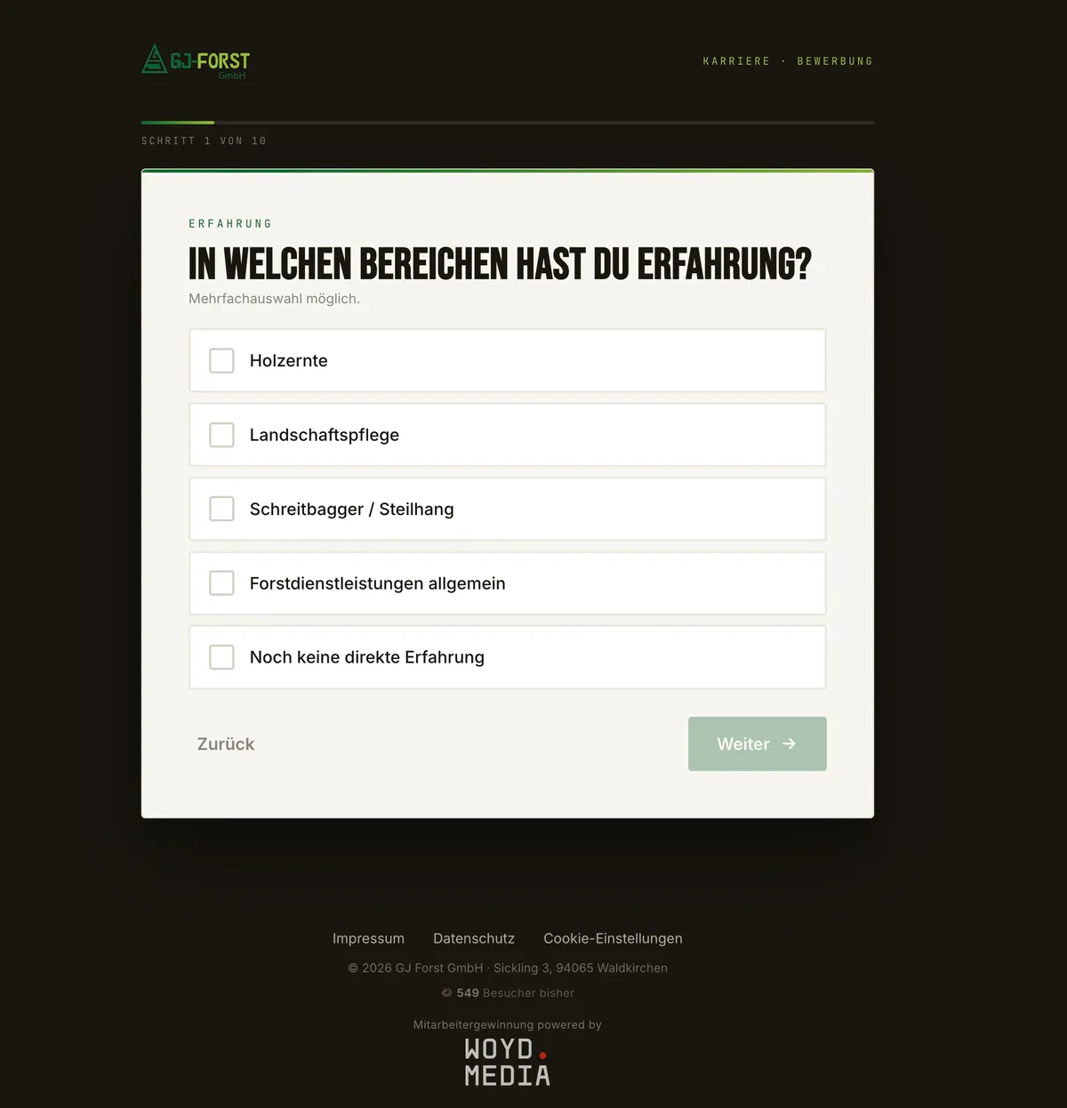 Bewerber-Landingpage der GJ Forst GmbH: Schritt 1 von 10 mit Auswahlfrage zu Erfahrungsbereichen