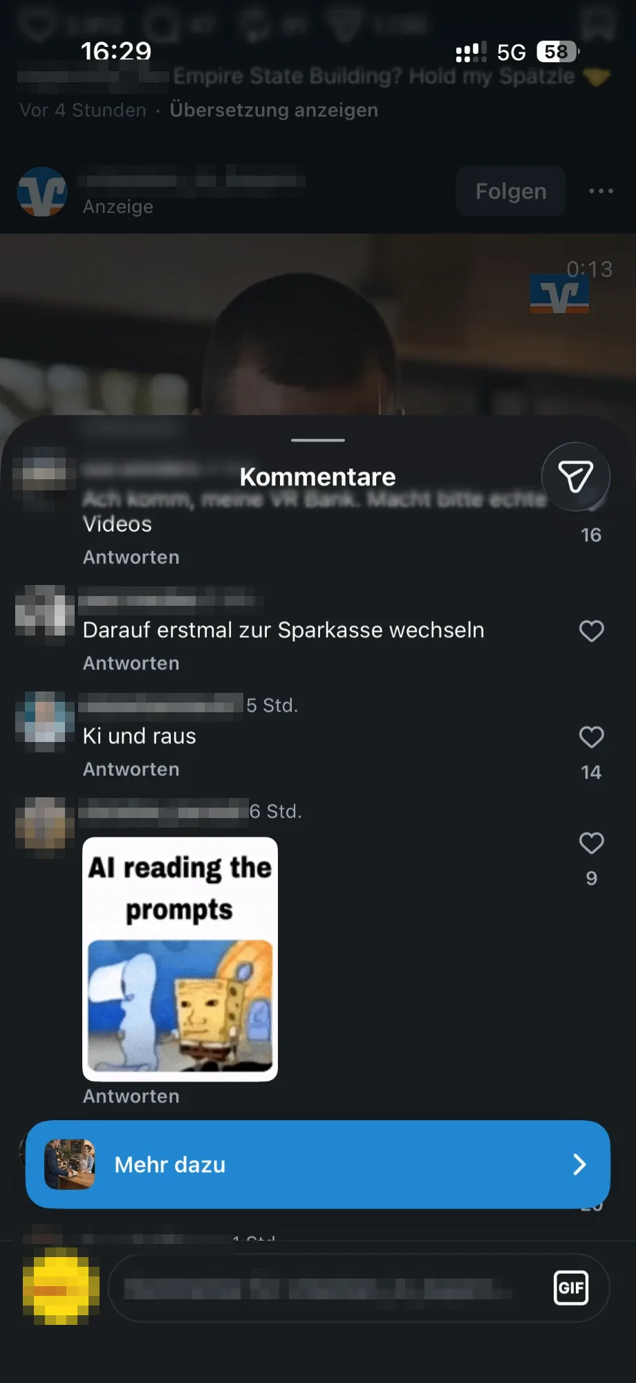 Weitere Instagram-Kommentare unter der KI-Werbeanzeige der Bank, darunter Wechselandrohungen zur Konkurrenz und ein Spott-Meme (Profile anonymisiert)