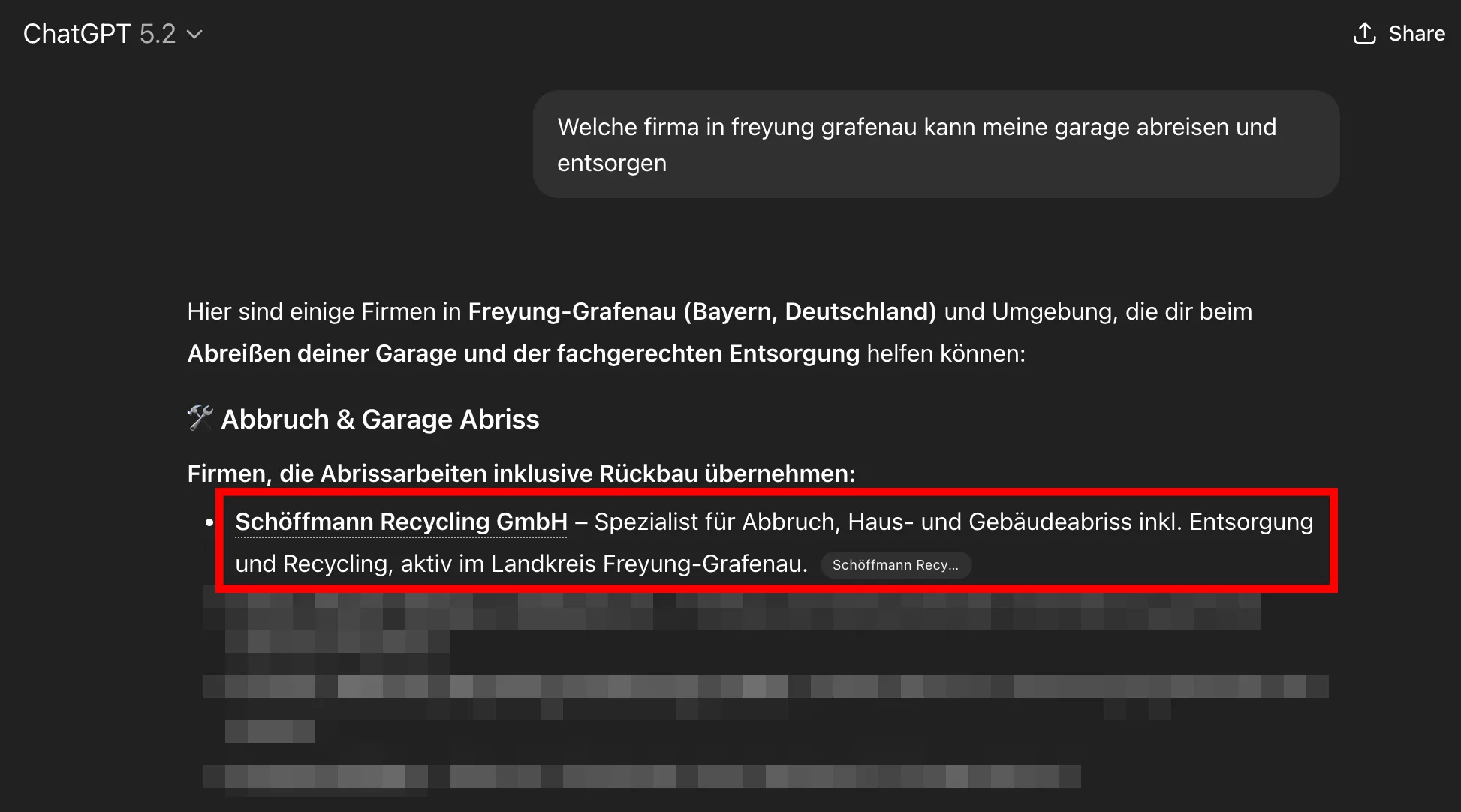 Nennung der Schöffmann Recycling GmbH in ChatGPT